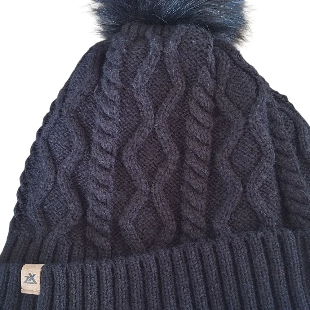 Women's Beanie Hat Black Cable Knit with Fuzzy Pom Pom Top Plushy Lining OS